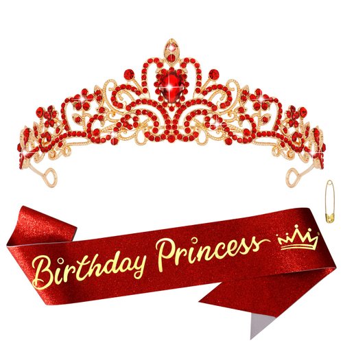 Atoden Birthday Crown and Sash Set Birthday Girls Red Princess Tiara Queen Crowns Crystal Tiara Women Rhinestone Tiara Birthday Headband Happy Birthday Decorations Party Cosplay Gifts