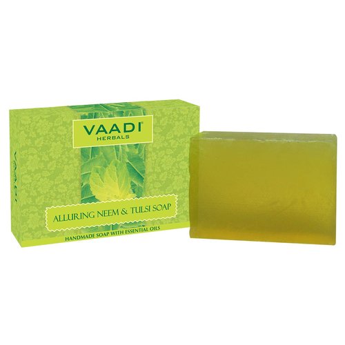Vaadi Herbals Neem Tulsi Bar Soap with Tea Tree Oil - Handmade Herbal Soap with 100% Pure Essential Oils - ALL Natural - Each 2.65 Ounces - Pack of 3(8 Ounces)
