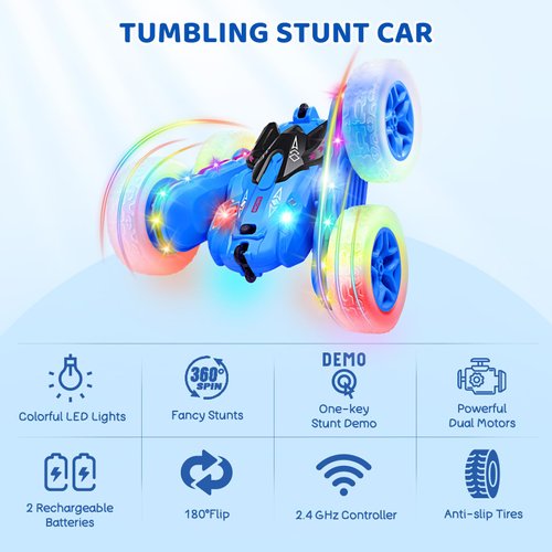 SGILE Remote Control Car, Stunt Car with Sides Light Strip and Headlights, 2.4Ghz Double Sided 360 Flips Rotating Race Car, Rechargeable RC Car Kids Toy for Boys Girls Birthday Gift, Blue