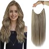 Fshine Invisible Wire Hair Extensions Real Human Hair Ash Brown Highlighted Platinum Blonde Remy Hair Wire Invisible Wire Hairpiece One Piece Hair Extensions Clip in Human Hair 14 Inch 70g