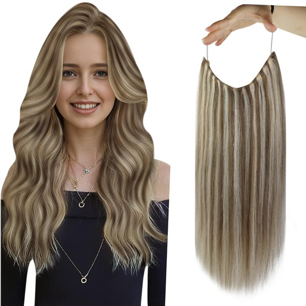 Fshine Invisible Wire Hair Extensions Real Human Hair Ash Brown Highlighted Platinum Blonde Remy Hair Wire Invisible Wire Hairpiece One Piece Hair Extensions Clip in Human Hair 14 Inch 70g