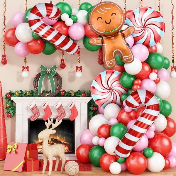 Christmas Balloon Garland Kit, Gingerbread Man Balloon Garland Arch Kit with Green Pink Red Balloon Gingerbread Man Candy Cane Foil balloon for Christmas Party Decorations New Year Xmas Party Supplies