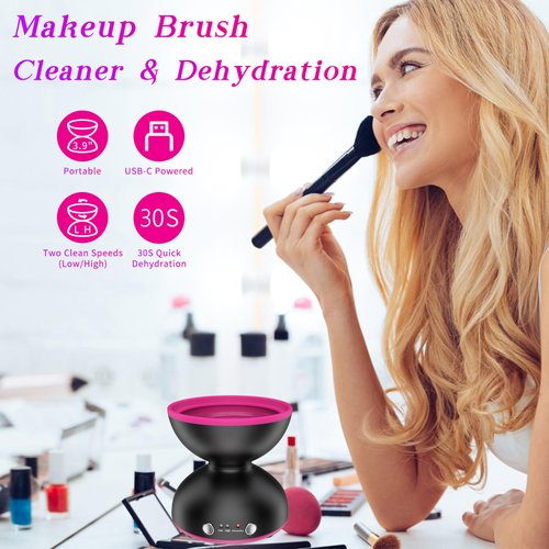 Electric Makeup Brush Cleaner Machine, Two Gears Speed and Dehydration Function, Travel Portable Automatic Brushes Cleaner Cleanser Machine for All Size Makeup Brush Set, with 5V/2A Adapter -Black
