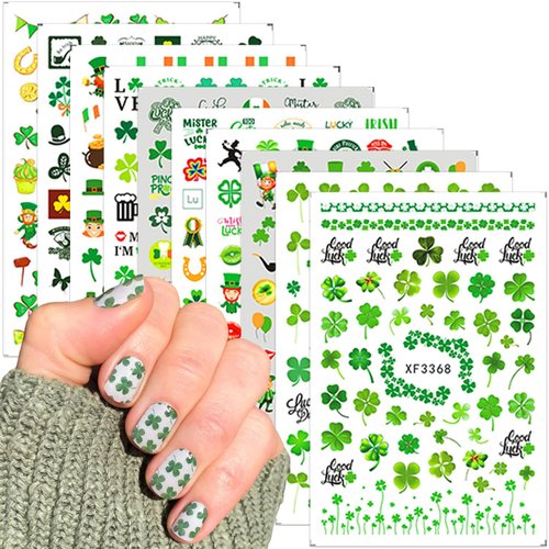 10 Sheets St Patrick’s Day Nail Stickers Green Shamrock Nail Art Stickers Self Adhesive Four-leaf Clover Leaf Nail Decals Luck of Irish Nail Supplies for Women Girls Saint Patrick's Day Manicure Decor