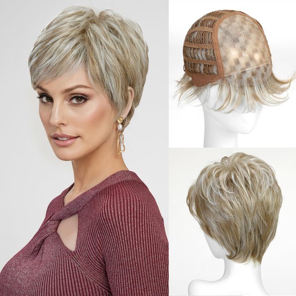 Getshow Mono Top Synthetic Lace Front Wig for Women Short Hair Mixed Blonde with White Highlights