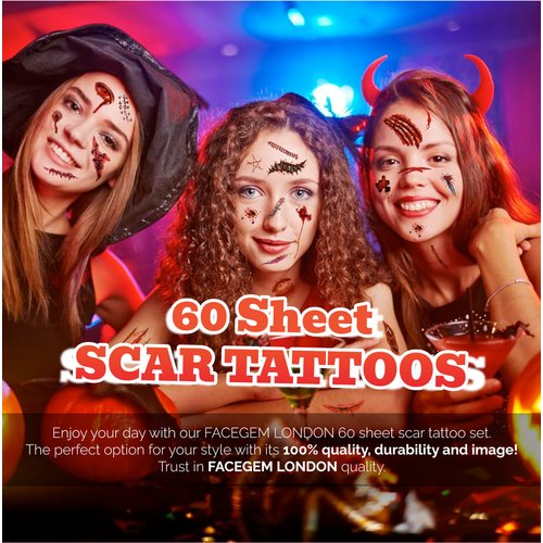 60 PCS Halloween Scar Tattoos, 60 Sheet Halloween Zombie Scars Tattoo Stickers Fake Scab Blood Special Fx Costume Makeup Props, Halloween Make Up Party Scar Tattoo Masquerade Prank Prop Decorations