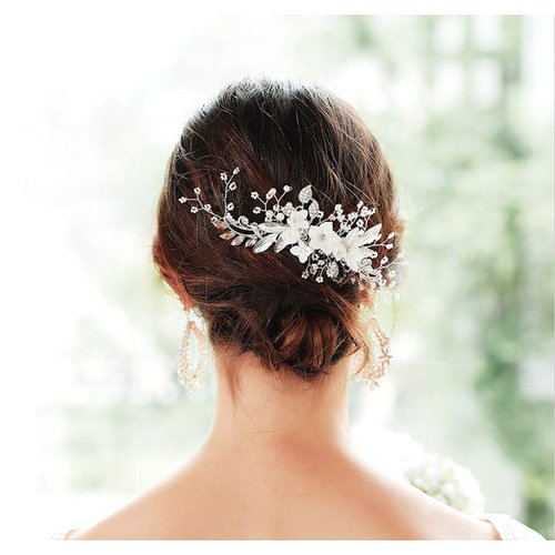 Cathercing Bridal Rhinestone Flower Veil Side Comb Hair Clips Headpiece Wedding Hair Accessories White Bride Hair Piece Styling Hairpins Headband for Wedding Evening Party