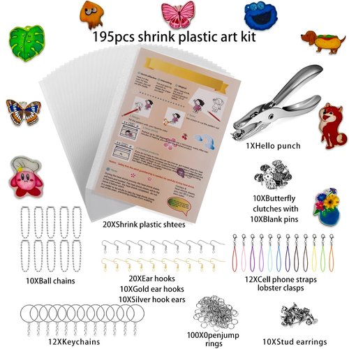 Waifairphy Shrink Plastic Sheet Kit for shrinky dinks,195PCS Shrink Art Kit Include 20 PCS Shrink Film Papers with 175 PCS Keychain Accessories for Kids Creative Craft and Keychains