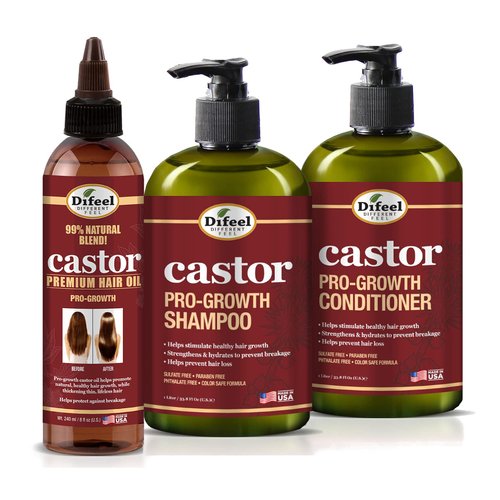 Difeel Pro-Growth with Castor Oil 3-PC Hair Care Set - Shampoo 12oz, Conditioner 12oz, & Hair Oil 8oz