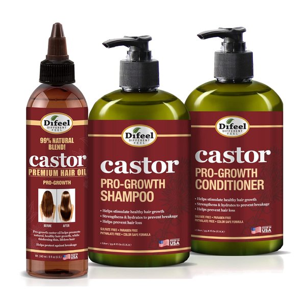 Difeel Pro-Growth with Castor Oil 3-PC Hair Care Set - Shampoo 12oz, Conditioner 12oz, & Hair Oil 8oz