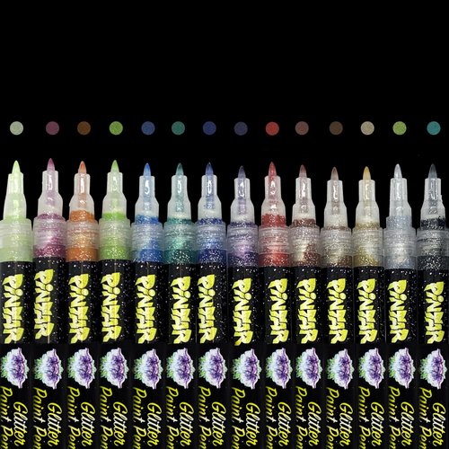 PINTAR | 14 Pack | Glitter Acrylic Paint Markers Extra Fine | Leather, Shoes, Rock Painting, Wood, Glass | Glitter Paint Pens Pack of 14, 0.7mm