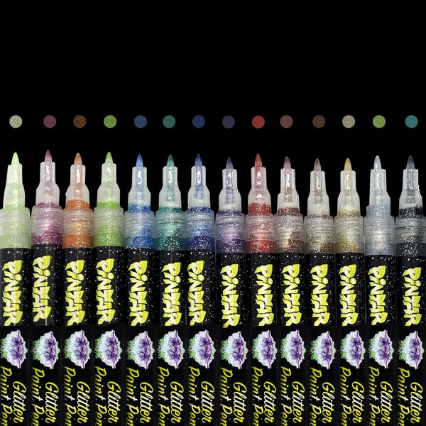 PINTAR | 14 Pack | Glitter Acrylic Paint Markers Extra Fine | Leather, Shoes, Rock Painting, Wood, Glass | Glitter Paint Pens Pack of 14, 0.7mm