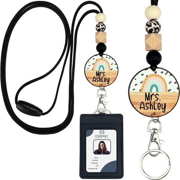 ABAMERICA Personalized Teacher Lanyards for Id Badges and Keys, Cute Beaded Lanyards for Women with Keychain and Leather Holder of 3 Card Slots