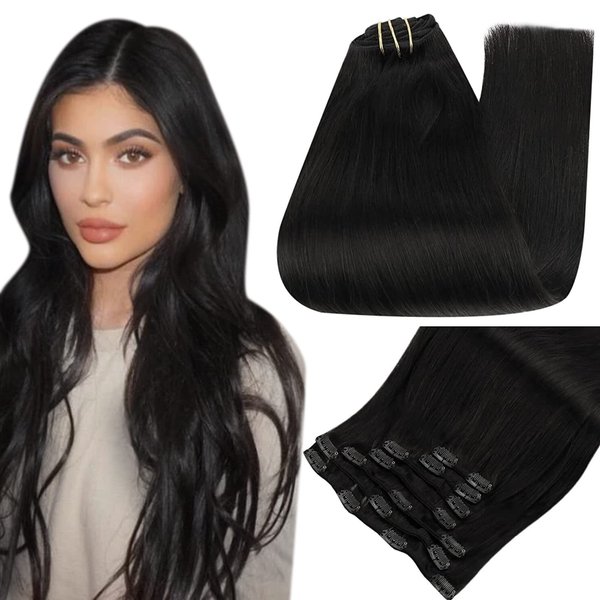 Full Shine Jet Black Clip in Hair Extensions Remy Hair Extensions Clip in Human Hair Color 1 Natural Hair Clip in Extensions for Thin Hair 7 Pieces 24 Inch Black Hair Extensions