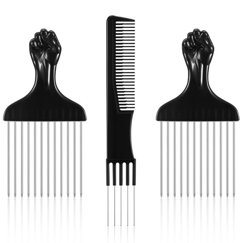 3 Pieces Metal Hair Pick Lift Hair Pick Salon Teasing Back Combs Pink or Black Carbon Comb with Stainless Steel Lift Teasing Combs with Metal Prong Combs for Women (Black)