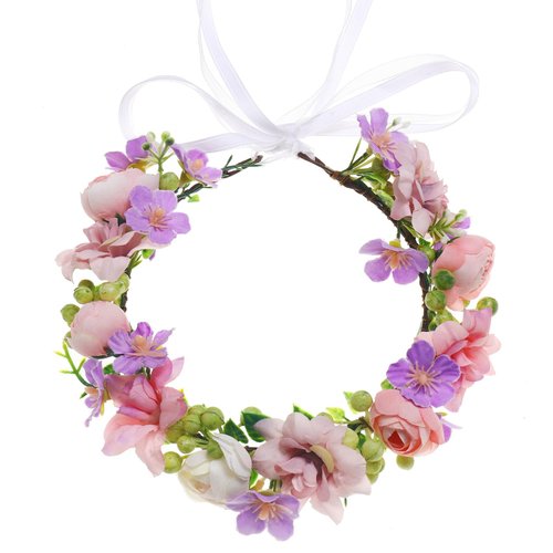 Funsveta Baby Girls Flower Crown Flower Girl Headpiece boho Little Wreaths for Weddings, Family photography (Pink purple)