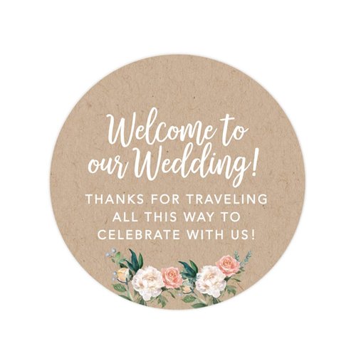 Andaz Press Out of Town Bags Round Circle Gift Labels Stickers, Welcome to Our Wedding Thanks for Traveling to Celebrate with Us, Kraft Brown Tan, 40-Pack, for Destination OOT Gable Boxes