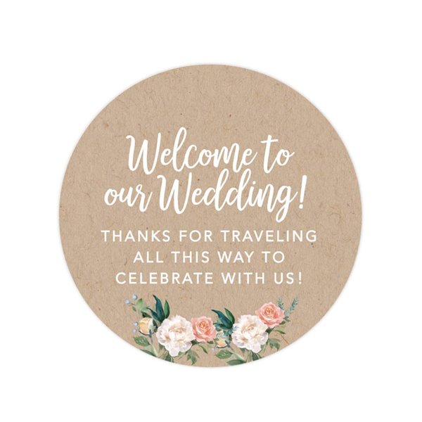 Andaz Press Out of Town Bags Round Circle Gift Labels Stickers, Welcome to Our Wedding Thanks for Traveling to Celebrate with Us, Kraft Brown Tan, 40-Pack, for Destination OOT Gable Boxes