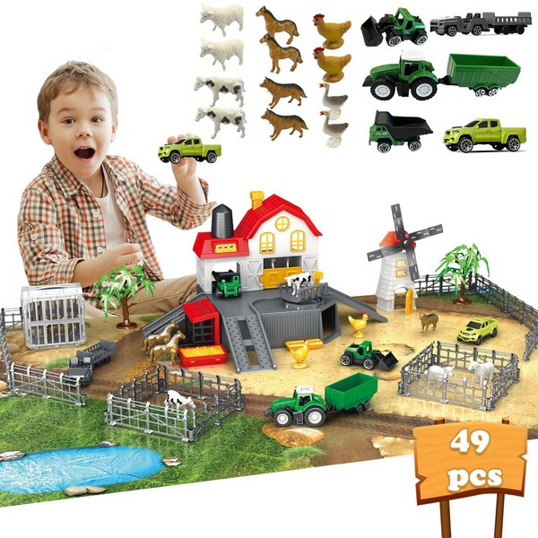 Frontoytall Farm Animals Toys with Play Mat, Farm Playset Barn House with Animals Figurines and Truck Tractor Toys for Kids, Farm Set Animal Toy for 3-12 Years Old Kids Boys Girls Toddlers, 49PCS