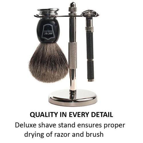 Parker 96R Men's Safety Razor Shave Set - Includes Parker Luxurious 3-Band Pure Badger Shave Brush, Deluxe Chrome Shave Stand & Parker 96R Butterfly Open Safety Razor