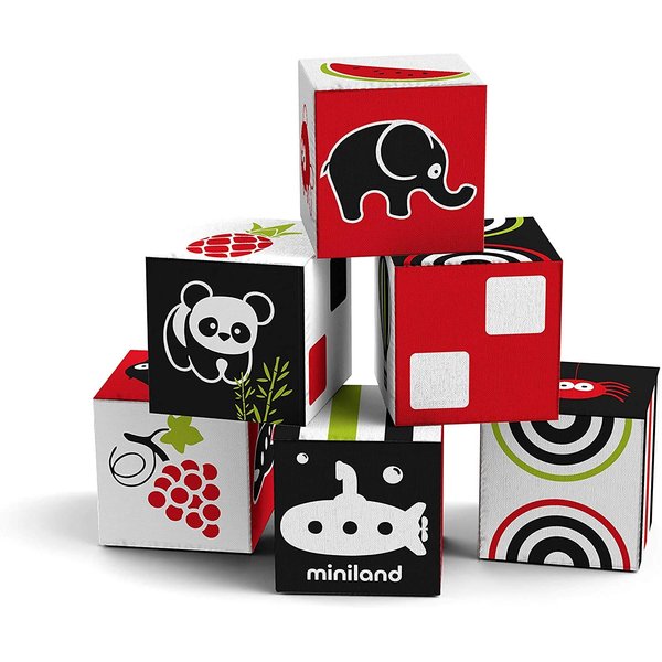 Miniland First Senses 6 Cubes, Soft Baby Building Cloth Fabric Blocks , Infants 9 Months to 18 Months, Toddlers Stack, Build, Sort, Safe Travel Toy, Patterns and Pictures, Carry Case Included