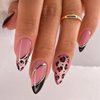 French Tip Press on Nails Medium Almond Fake Nails Gold Line with Leopard Print Design Pink False Nails Acrylic Full Cover Artificial Nails Glossy on Nails Stick on Nails for Women Manicure Art 24Pcs