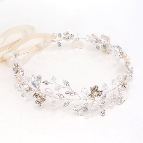 Oriamour Bridal Headpiece Wedding Crystal Headband With Leaves and Freshwater Pearl Hair Accessories For Bride Flower Girl (Silver)