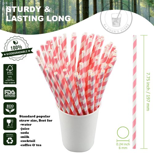 [1000 Count] Chunspak Pink and White Striped Paper Drinking Straws Bulk, 7.75" x0.24", Unwrapped - Biodegradable and Compostable