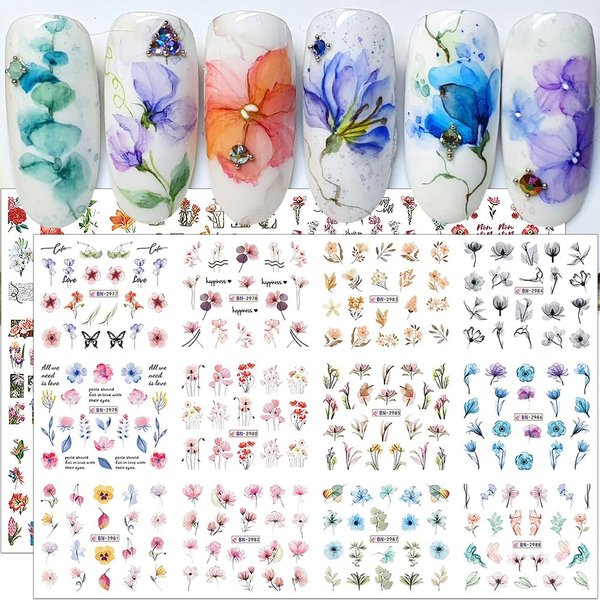 3D Water Transfer Flower Nail Stickers Lilies Camellia Flower Nail Art Stickers Spring Summer Flower Stickers for Nails Floral Nail Decals for Nail Art Supplies Nail Decor Sticker Nails for Women