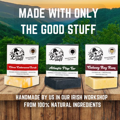 The Black Stuff All Natural Bar Soap for Men Handmade Cold Process Soaps with Organic Ingredients and Essential Oils - Mens Soap for Daily Use, Pine Tar, Citrus Cedarwood and Bay Rum Soaps (Pack of 3)