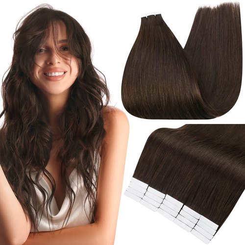 Full Shine Tape in Hair Extensions Human Hair Color 2 Darker Brown Remy Human Hair Extensions Tape in 14 Inch Glue in Hair Extensions 50 Grams Straight Seamless Hair Extensions 20 Pieces
