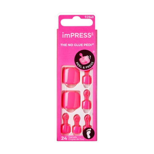 KISS imPRESS No Glue Pedi Press-On Nails, Toenails, Time After Time', Medium Pink, Short Size, Squoval Shape, Includes 24 Nails, Prep Pad, Instructions Sheet, 1 Manicure Stick, 1 Mini File