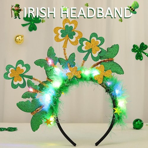 Fashey St Patricks Day Light Up Headband Glitter Green Shamrock Hair Band Irish Day Headbands Butterfly Headpiece Festival Rave Hair Accessories for Women and Girls