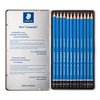 STAEDTLER Mars Lumograph Art Drawing Pencils, 12 Pack Graphite Pencils in Metal Case, Break-Resistant Bonded Lead, 100 G12,Silver/Blue