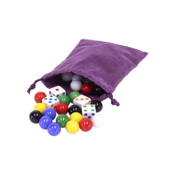 Game Bag of 24 Glass Marbles (16mm Diameter) and 6 Dice for Aggravation Game