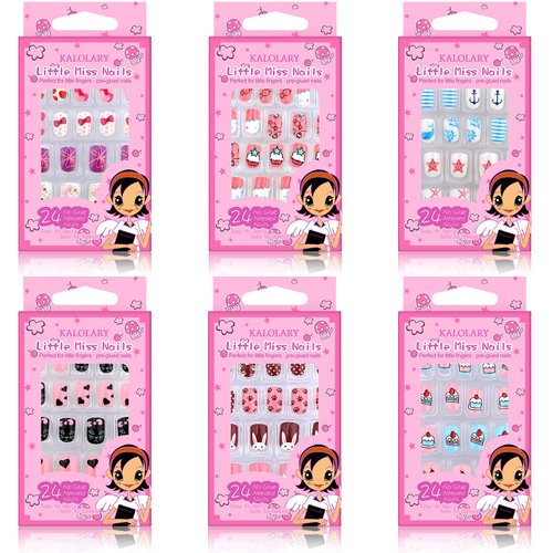 Kalolary 144 PCS Kids False Nail for Girls Gift, Press on Nail Color Short Fake Nails Artificial Nail Full Tips, Lovely Gift for Little Girls Nail Art Decoration (6 Pack)