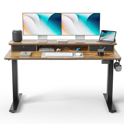 FEZIBO 55 x 24 Inch Height Adjustable Electric Standing Desk with Double Drawer, Stand up Desk, Home Office Computer Desk with 4 Height-Adjustable Feets & 2 Hooks, Rustic Brown