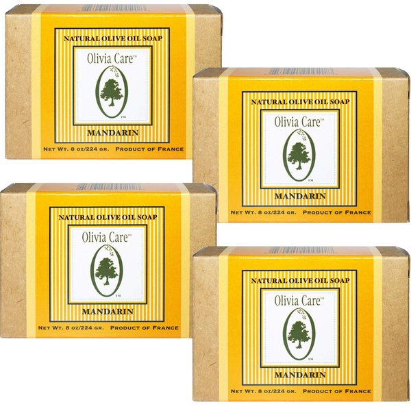 Olivia Care Premium Mandarin Bath & Body Bar Soap Organic, Vegan & Natural Olive Oil Repairs, Hydrates, Moisturizes & Deep Cleans Vitamin C Good for Sensitive Dry Skin Made in USA 8 OZ – (4 PACK)