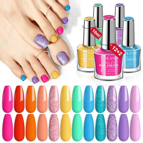 SAVILAND Finger Nail Polish Set for Beginner: 12 Neon Colors Air Quick Dry Nail Polish Summer Glitter Nail Polish Kit Regular Fingernail Polish Non Gel with Base-Top Polish for Toe Manicure Nail Art