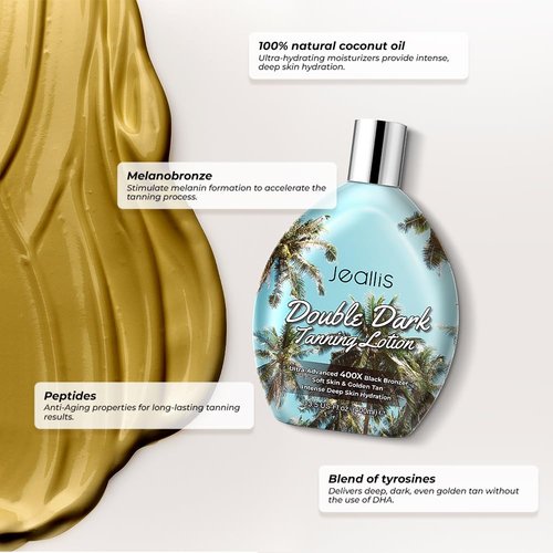 Jeallis Double Dark Tanning Lotion Accelerator for Outdoor Sun Tan & Indoor Tanning Beds with Bronzer to Get Dark Fast Tan, Bronzing Tanning Lotion with Tattoo Protecting Formula, DHA Free, 13.5oz