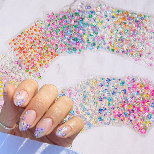 Flywindy 30 Sheets Flower Nail Art Stickers Self-Adhesive Colorful Pegatinas Uñas Small Flower Five Petal Floral Nail Decals Cute Flower Design Nail Stickers for Kids Girls Women DIY Nail Supply