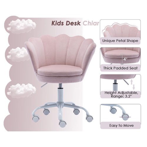 CIMOTA Cute Kids Desk Chair,Velvet Bedroom Chair Adjustable Child Computer Chair Swivel Shell Vanity Chairs for Girls Bedroom/Study Room, Light Pink