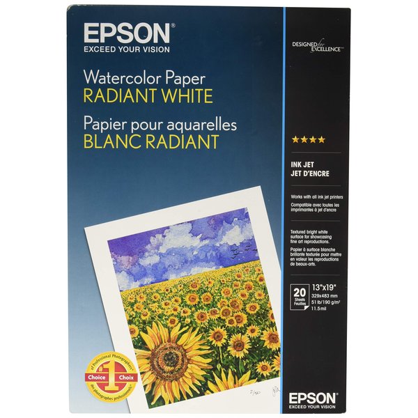 Epson Watercolor Paper Radiant, White, 13 x 19 Inches, 20 Sheets (S041351)