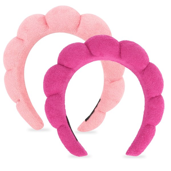 AMCAMI Puffy Spa Headband for Women Sponge Headbands for Girls 2 PCS Terry Towel Cloth Fabric Head Band for Skincare,Makeup Removal,Face Washing,Facial Mask,Shower,Hair Accessories（Red&Light Pink）