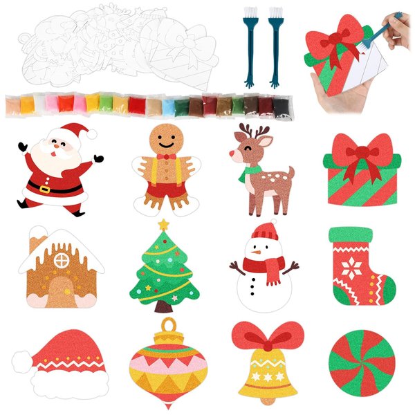 Naozinebi 24 Set Christmas Sand Art Kits with Brush Sand Painting Xmas Coloring Craft Kits Create Make You Own Winter Art DIY Holiday Sticker Sand Art Craft for Kids School Home Game Activity Gift