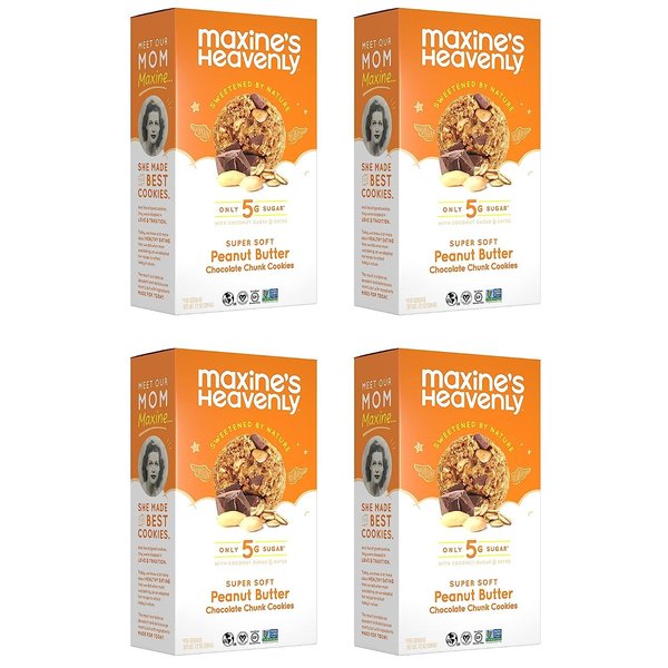 Maxine's Heavenly Peanut Butter Chocolate Chip Cookies | Healthy Vegan Oatmeal Cookies Sweetened with Coconut Sugar & Dates | Plant Based, Gluten Free & Non GMO | 7.2 Ounces Each (4 pack)
