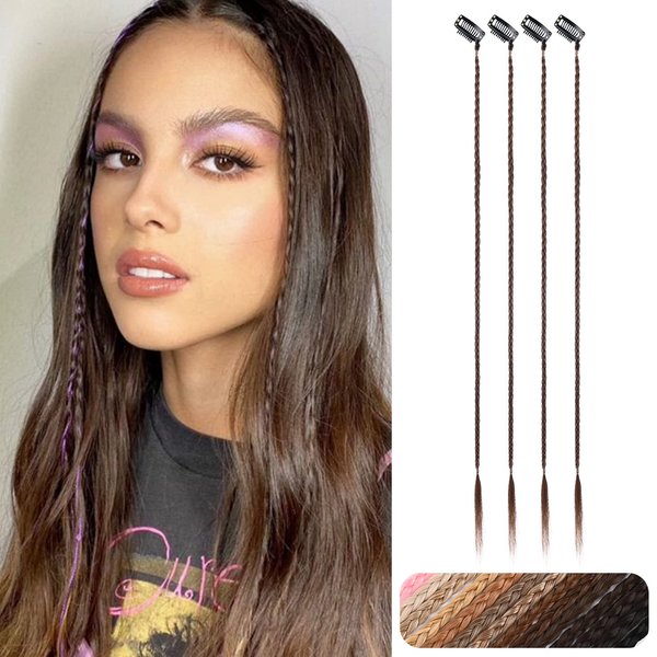 REECHO Clip in Braided Hair Extensions, 4PCS Baby Braids Extensions 22" Long Natural Soft Synthetic Hairpieces for Women - Ginger Brown