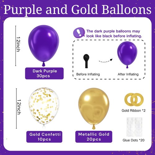 BAUANOOY Purple and Gold balloons, 60pcs 12 Inch Purple Metallic Chrome Gold and Confetti Balloon for Wedding Graduation Birthday Party Decorations