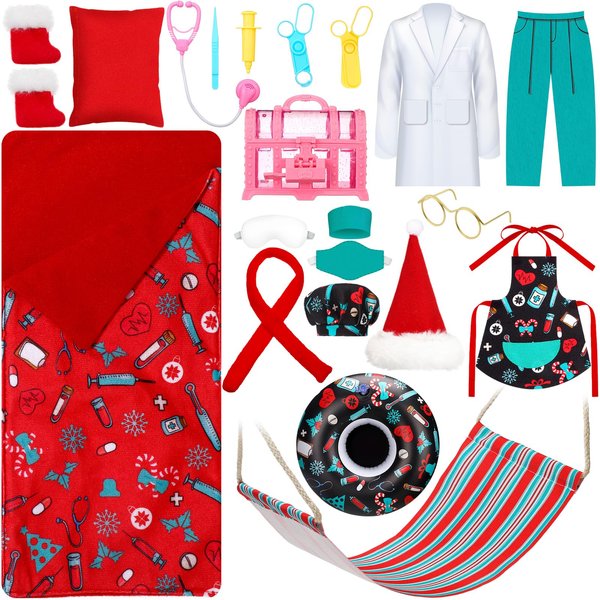 Suhine 21 Pcs Christmas Elf Doll Accessories Set Include Elf Hammock Pillow Eye Patch Glasses Chef Hat Apron Scarf Shoes Swim Ring for Elf Doll Decoration (Vivid)