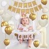 1st Birthday Decoration for Boys Girls, Cream White Gold 1st Birthday Balloon, 40 Inch Number 1 Balloon Sand White Star Heart Foil Balloons and Birthday Banner for Baby 1 Year Old Birthday Party Decor